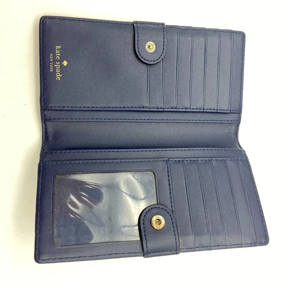 Kate Spade slim bi fold wallet Stripe blue pink button shut pocket book leather‎
